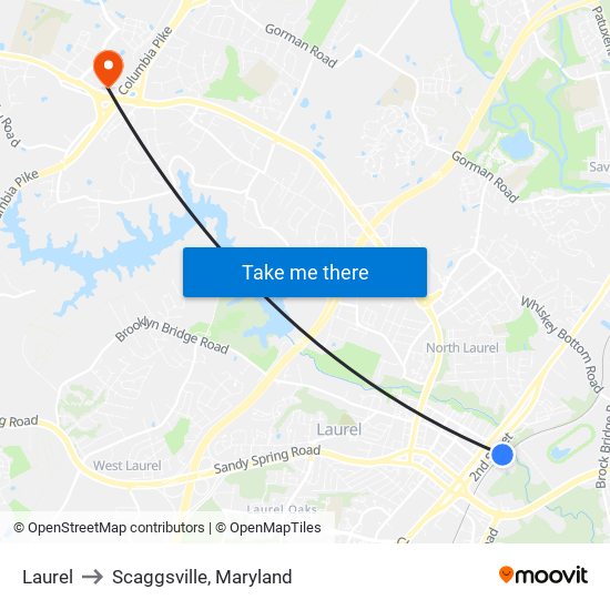 Laurel to Scaggsville, Maryland map