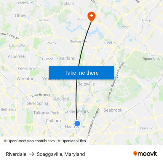 Riverdale to Scaggsville, Maryland map