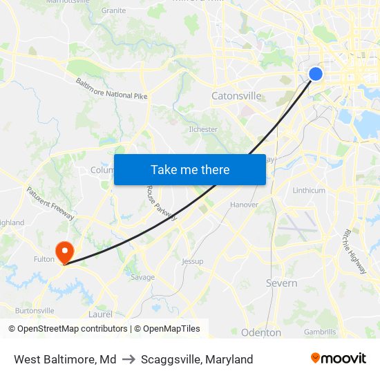 West Baltimore, Md to Scaggsville, Maryland map