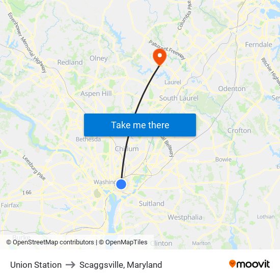 Union Station to Scaggsville, Maryland map
