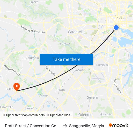 Pratt Street / Convention Center to Scaggsville, Maryland map