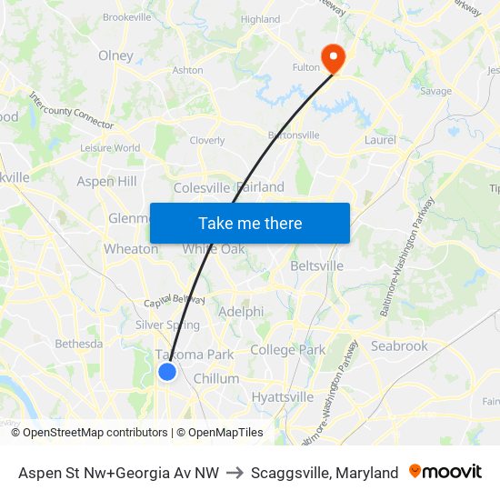 Aspen St Nw+Georgia Av NW to Scaggsville, Maryland map