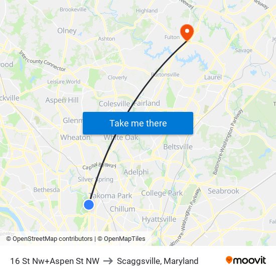 16 St Nw+Aspen St NW to Scaggsville, Maryland map