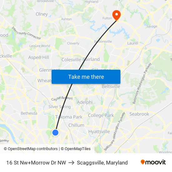 16 St Nw+Morrow Dr NW to Scaggsville, Maryland map