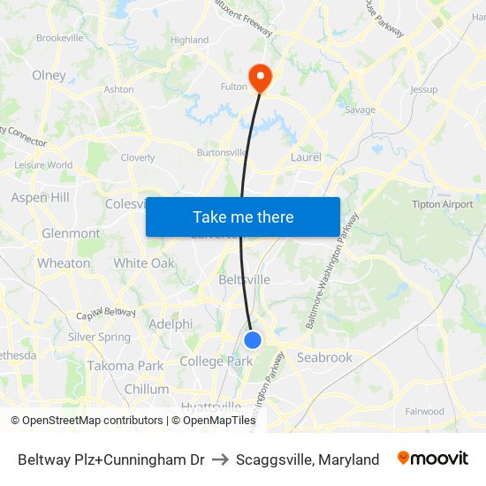 Beltway Plz+Cunningham Dr to Scaggsville, Maryland map