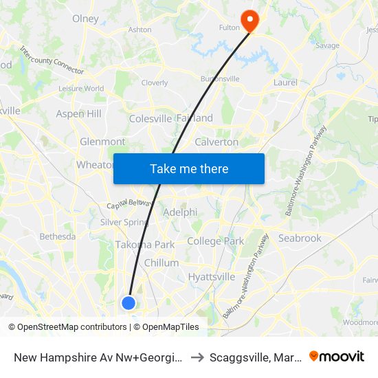New Hampshire Av Nw+Georgia Av NW to Scaggsville, Maryland map