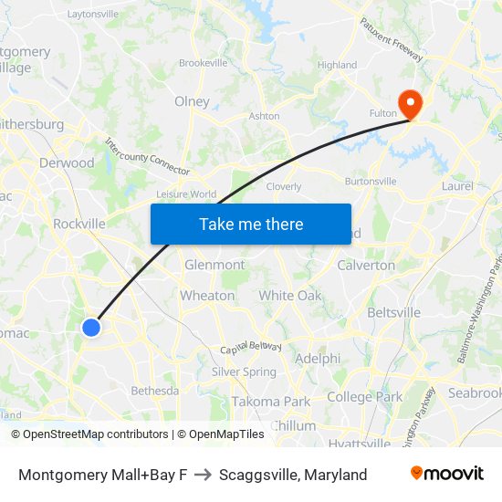 Montgomery Mall+Bay F to Scaggsville, Maryland map