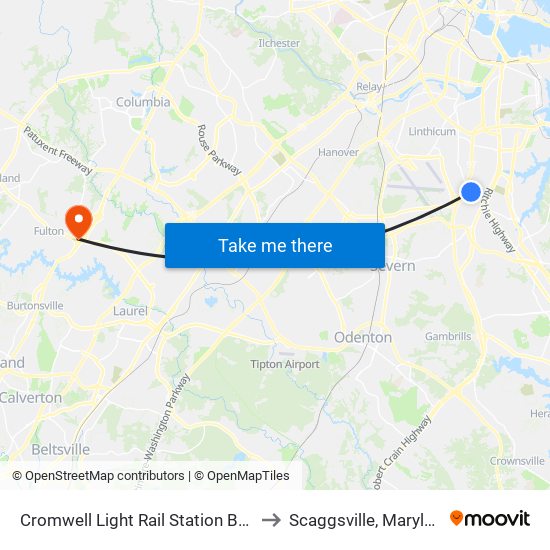 Cromwell Light Rail Station Bay 1 to Scaggsville, Maryland map