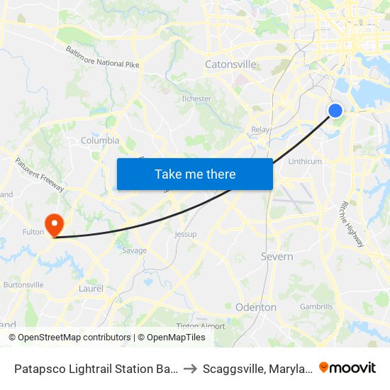 Patapsco Lightrail Station Bay 4 to Scaggsville, Maryland map