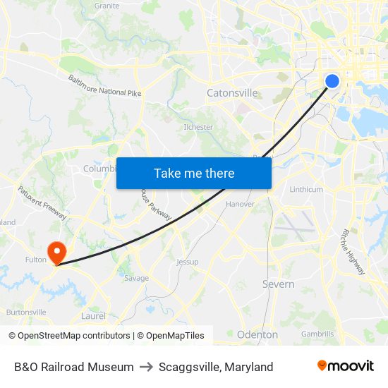 B&O Railroad Museum to Scaggsville, Maryland map