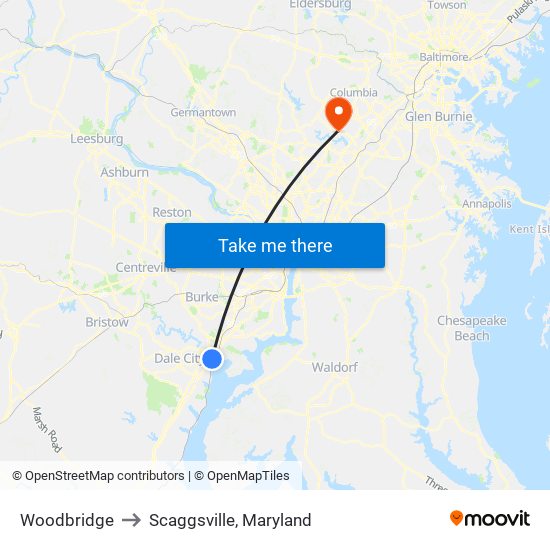Woodbridge to Scaggsville, Maryland map