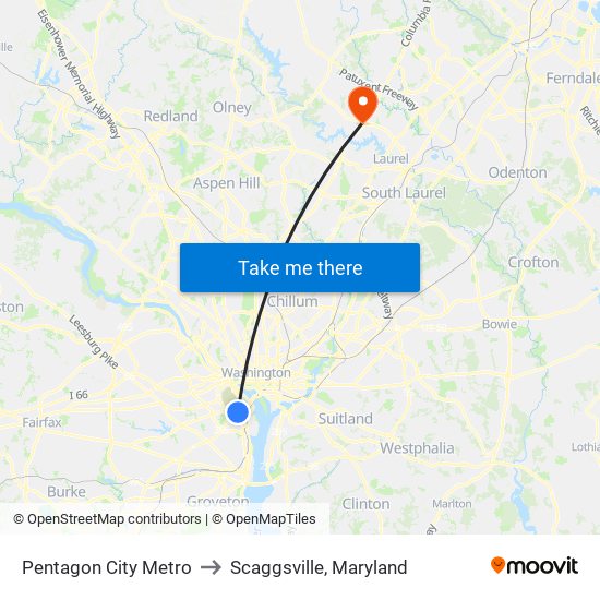 Pentagon City Metro to Scaggsville, Maryland map