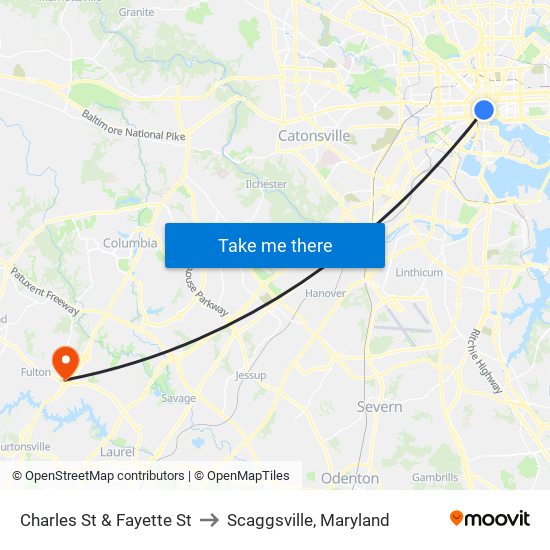 Charles St & Fayette St to Scaggsville, Maryland map