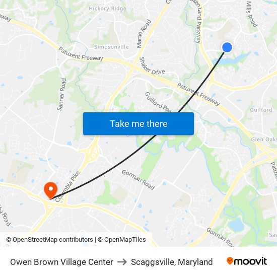 Owen Brown Village Center to Scaggsville, Maryland map