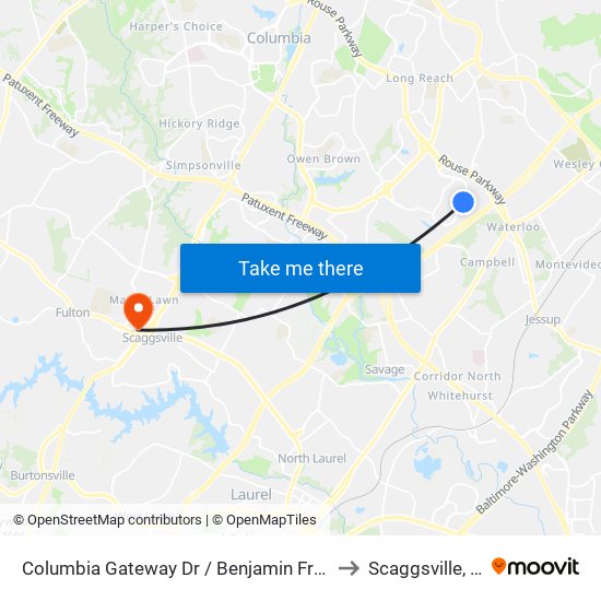 Columbia Gateway Dr / Benjamin Franklin Dr (Southbound) to Scaggsville, Maryland map