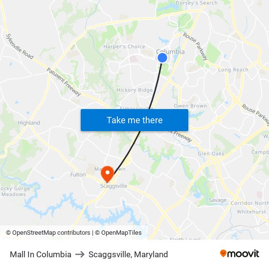 Mall In Columbia to Scaggsville, Maryland map