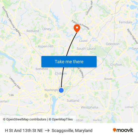 H St And 13th St NE to Scaggsville, Maryland map