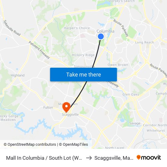 Mall In Columbia / South Lot (Westbound) to Scaggsville, Maryland map
