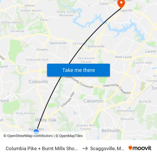 Columbia Pike + Burnt Mills Shopping Center to Scaggsville, Maryland map