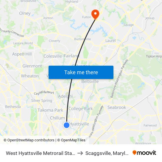 West Hyattsville Metrorail Station to Scaggsville, Maryland map