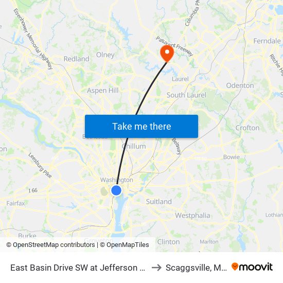 East Basin Drive SW at Jefferson Memorial (Wb) to Scaggsville, Maryland map