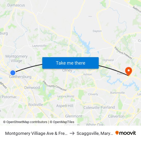 Montgomery Villiage Ave & Frederick to Scaggsville, Maryland map