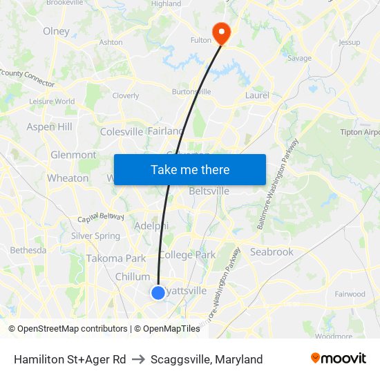 Hamiliton St+Ager Rd to Scaggsville, Maryland map