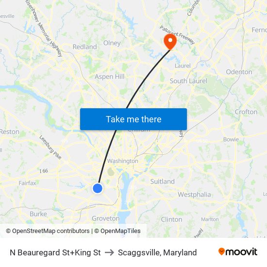 N Beauregard St+King St to Scaggsville, Maryland map