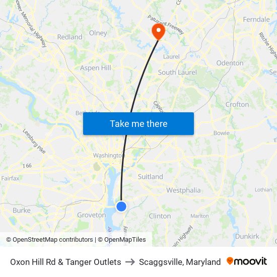 Oxon Hill Rd & Tanger Outlets to Scaggsville, Maryland map