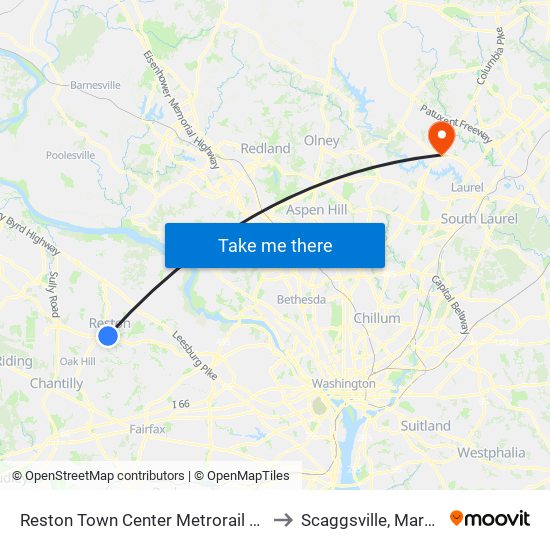 Reston Town Center Metrorail Station to Scaggsville, Maryland map