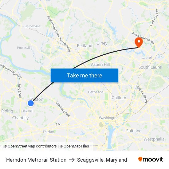 Herndon Metrorail Station to Scaggsville, Maryland map
