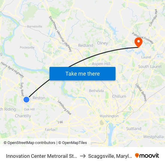 Innovation Center Metrorail Station to Scaggsville, Maryland map