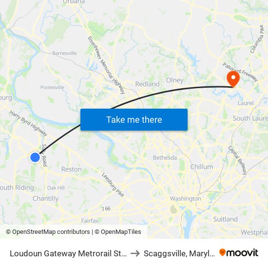 Loudoun Gateway Metrorail Station to Scaggsville, Maryland map