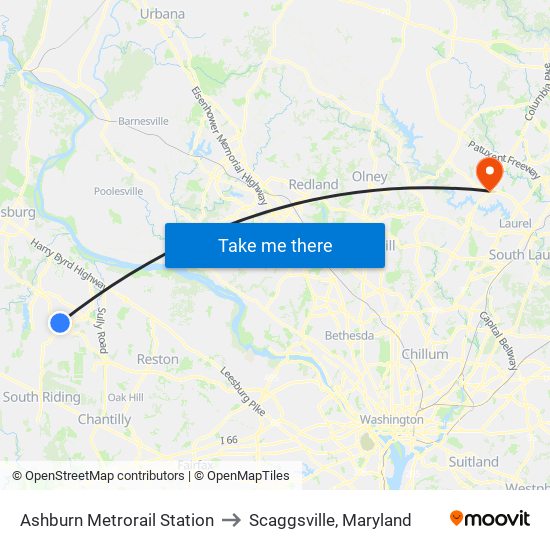 Ashburn Metrorail Station to Scaggsville, Maryland map