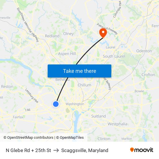 N Glebe Rd + 25th St to Scaggsville, Maryland map