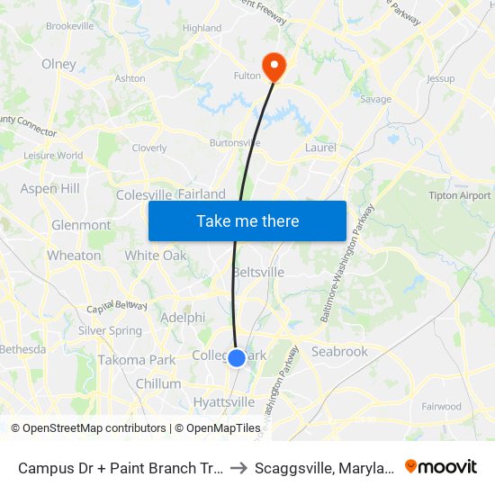 Campus Dr + Paint Branch Trail to Scaggsville, Maryland map