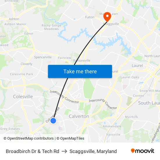 Broadbirch Dr & Tech Rd to Scaggsville, Maryland map