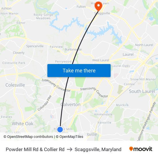 Powder Mill Rd & Collier Rd to Scaggsville, Maryland map