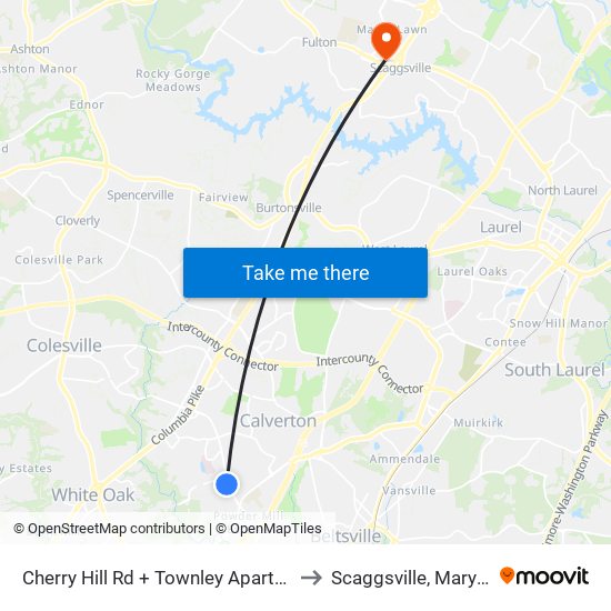 Cherry Hill Rd + Townley Apartments to Scaggsville, Maryland map