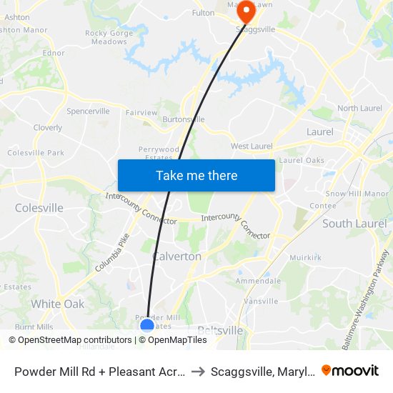 Powder Mill Rd + Pleasant Acres Dr to Scaggsville, Maryland map