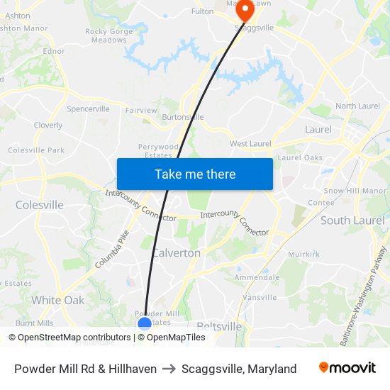 Powder Mill Rd & Hillhaven to Scaggsville, Maryland map