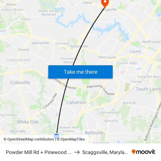 Powder Mill Rd + Pinewood Ct to Scaggsville, Maryland map