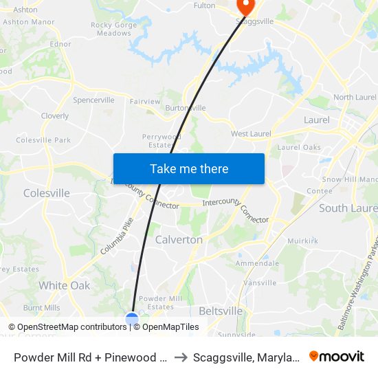 Powder Mill Rd + Pinewood Ct to Scaggsville, Maryland map