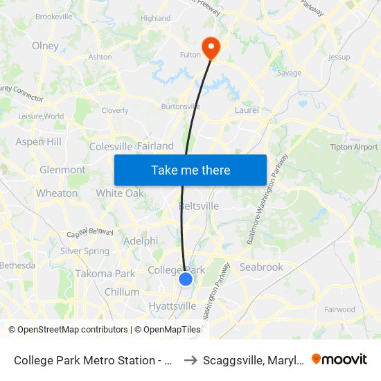 College Park Metro Station - Bay D to Scaggsville, Maryland map