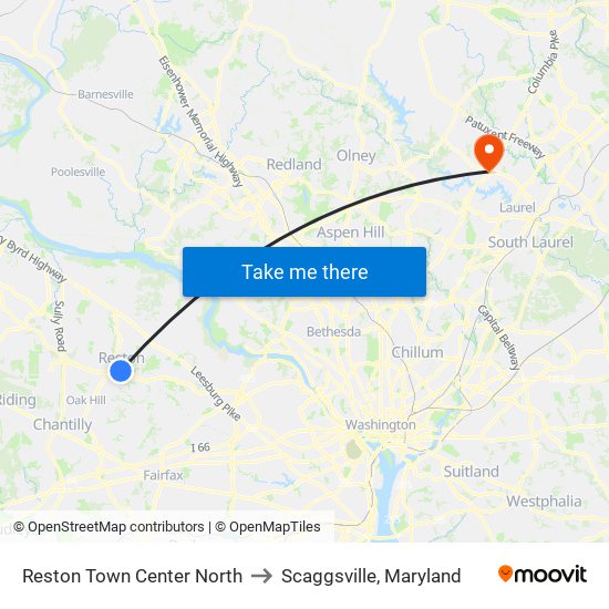 Reston Town Center North to Scaggsville, Maryland map