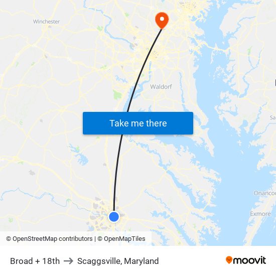 Broad + 18th to Scaggsville, Maryland map