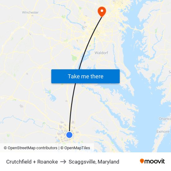 Crutchfield + Roanoke to Scaggsville, Maryland map