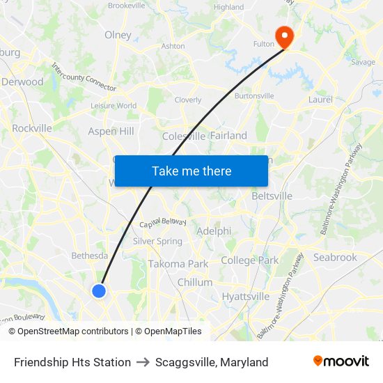 Friendship Hts Station to Scaggsville, Maryland map