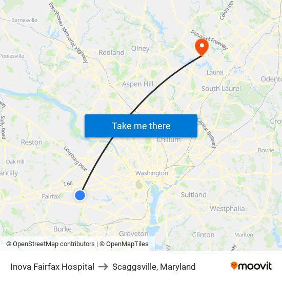 Inova Fairfax Hospital to Scaggsville, Maryland map