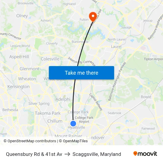 Queensbury Rd & 41st Av to Scaggsville, Maryland map